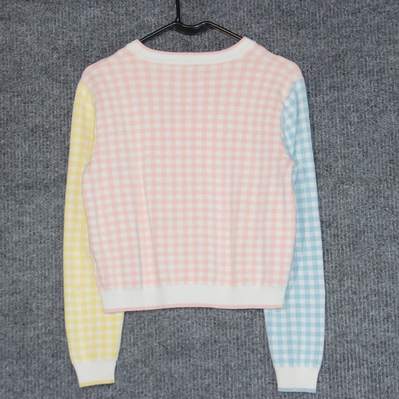 Teddy Fresh Cardigan Womens Medium Pink Gingham Check‎ Colorblock Knit Sweater - Picture 5 of 7